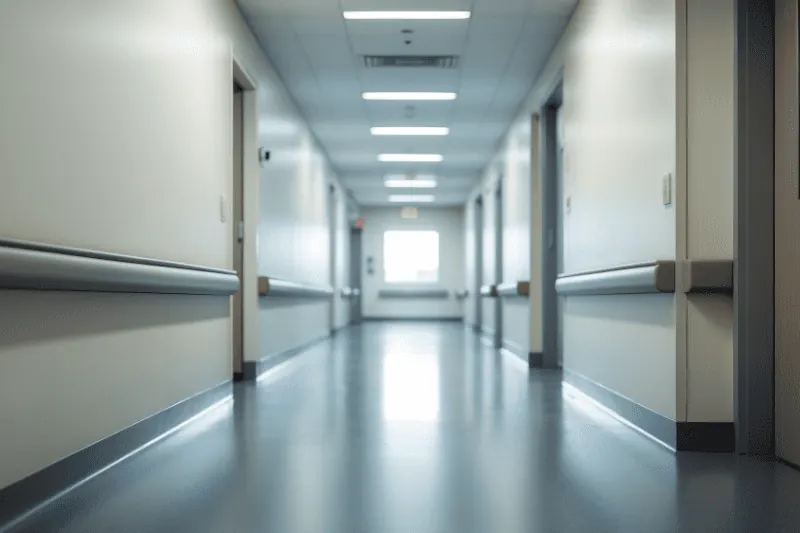 Korridor i helsebygg med hygienisk gulvløsning