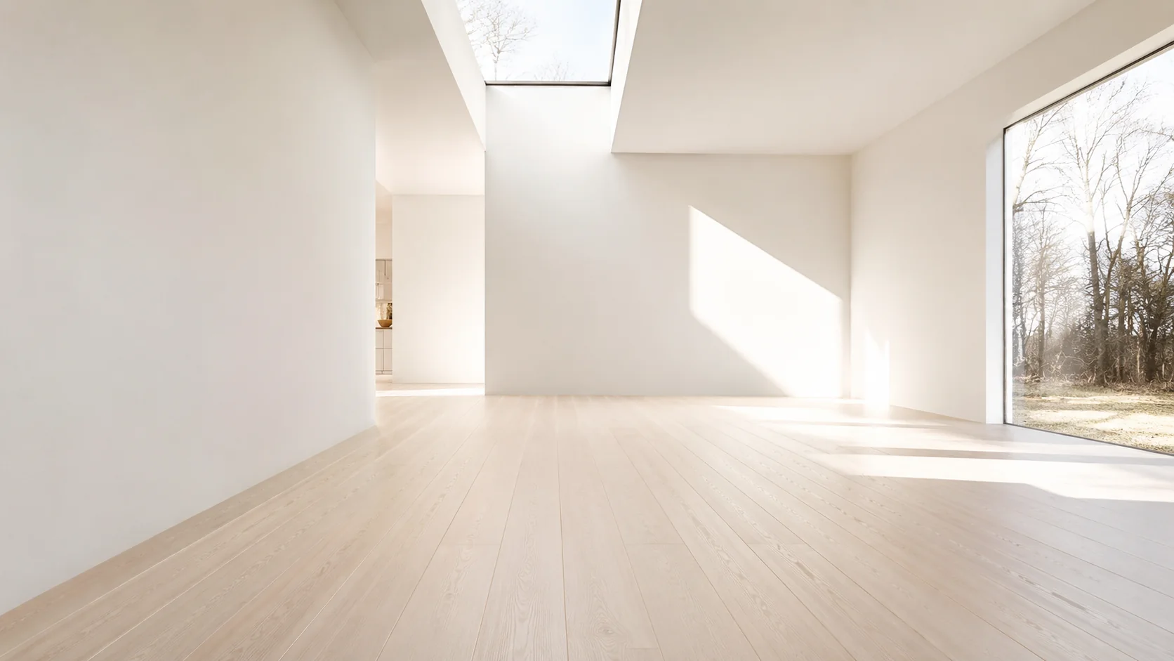 Lyst minimalistisk interiør med tregulv